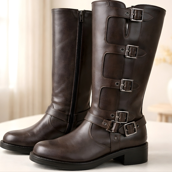 Wild Fable Womens Faux Brown Leather Knee Hi Moto Buckle Boots - Size 8.5 - Picture 2 of 12
